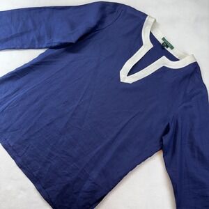 Ralph Lauren Linen Top Women's Large 3/4 Sleeve Blue White V Neck Nautica‎